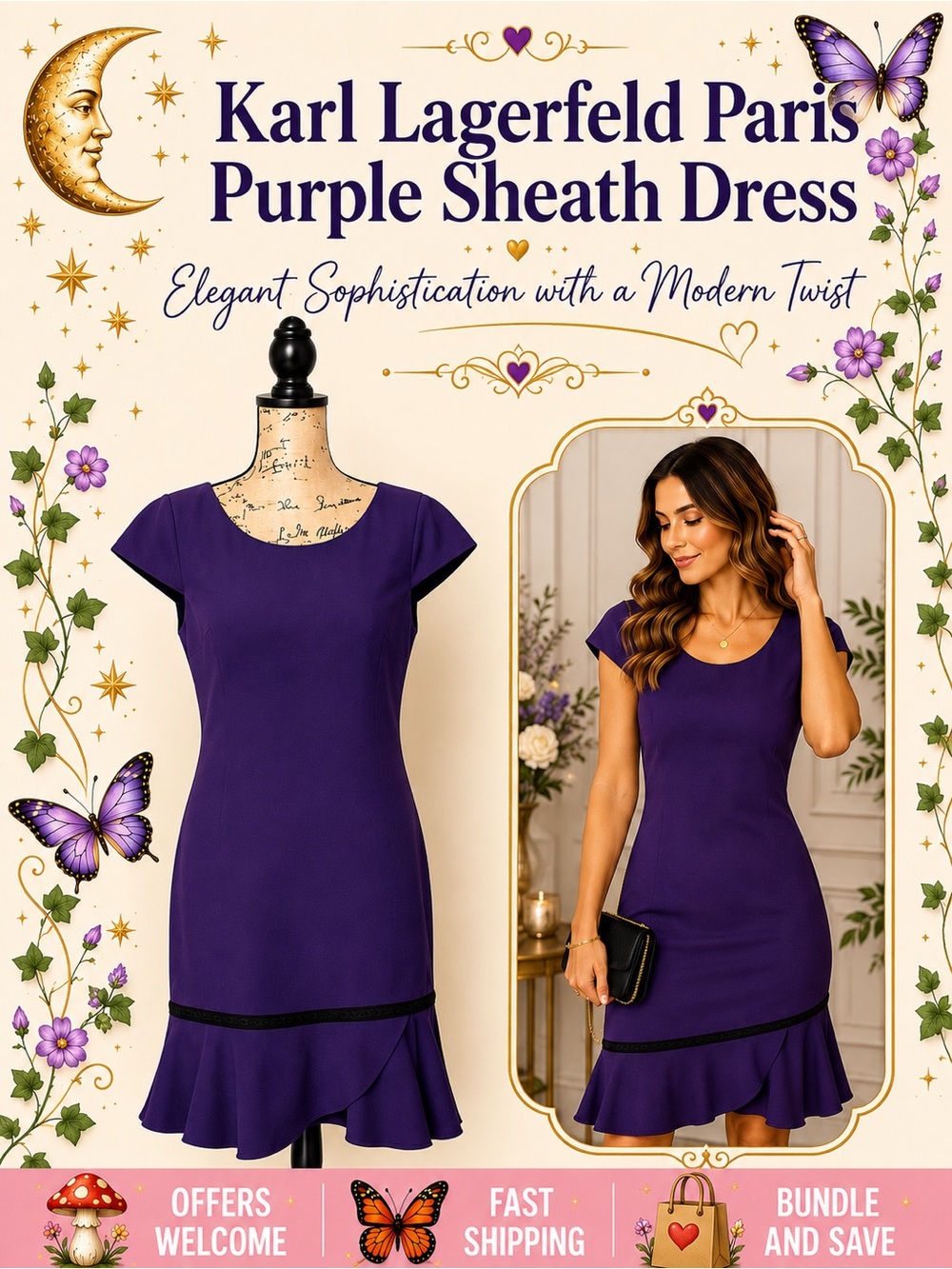 Karl Lagerfeld Paris Purple Sheath Dress 14P Petite Flounce Hem Career Cocktail